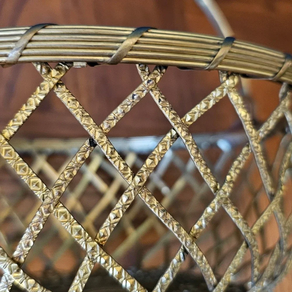 Vintage Heavy Woven Brass Wire Basket Handle Round Lattice Decorative Gold 8.5in